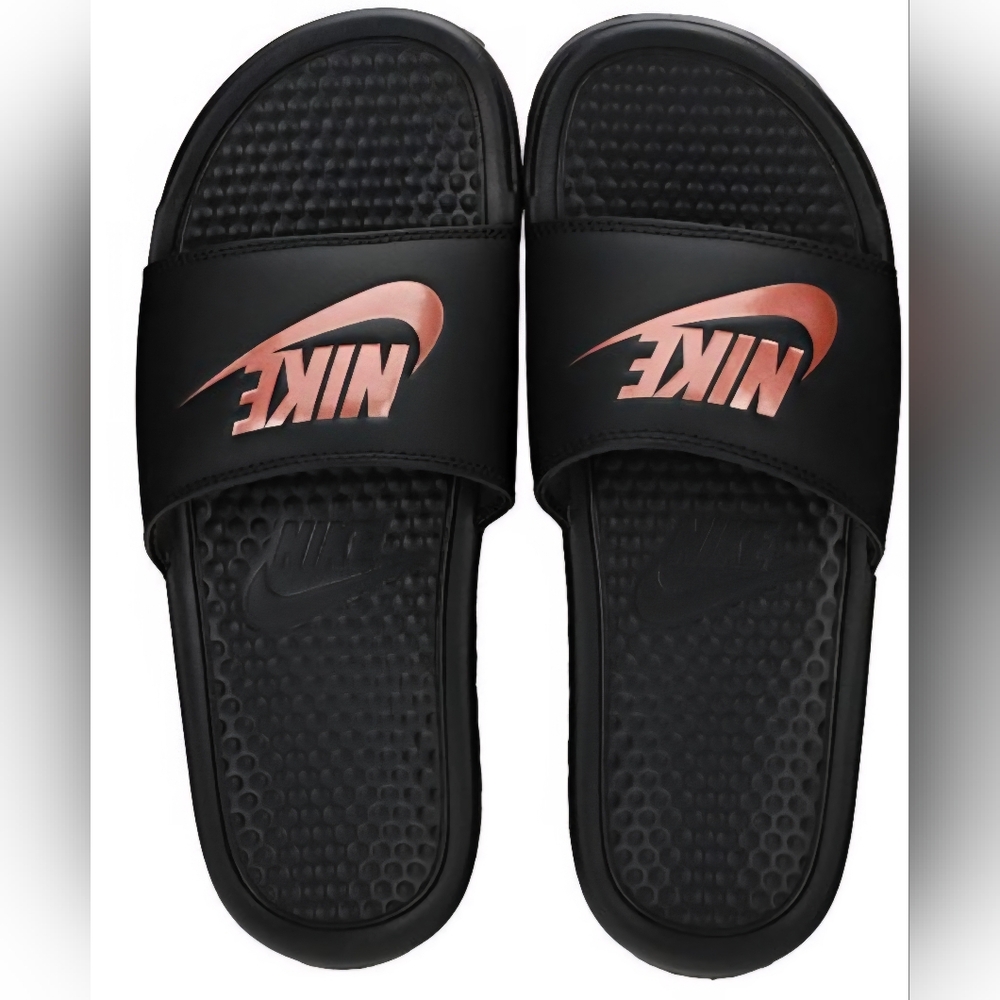New Nike Women's Benassi Jdi Black/Rose Gold  Sport Slide Sandals Size 7